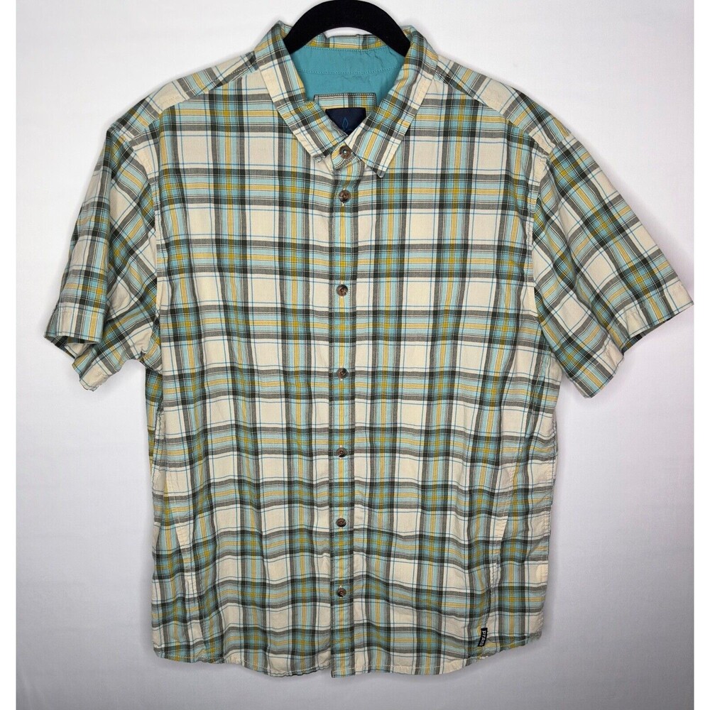Prana Button Up Short Sleeve Plaid Yellow‎ Teal Shirt Men’s Size Large